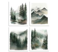 DOODLREAM 4 Pack Mountain Forest Unframed Waterproof Canvas Wall Relaxing Art Decor, 8" x 10" Watercolor Natural Landscape Canvas Wall Poster for Home Office Bathrooms Bedrooms Living Room Decor
