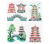 DOODLREAM 4 Pcs Oriental Architecture Stencils Template 30 x 30 cm Reusable Plastic Stencil for Painting on Wood Wall Fabric Glass Canvas Furniture, DIY Home Decor or Craft Drawing Stencils