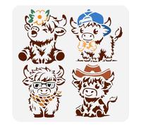 DOODLREAM 4 Styles Cartoon Highland Cow Stencil for Painting, 30×30cm Reusable Cute Animal Stencil Drawing Template, DIY Craft Paint Template for Wall Home Decor Wood Burning Card Farmhouse Fabric