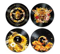DOODLREAM 4Pcs Bee Flower Vinyl Record Wall Decor, 30cm Honey Bee Sunflower Wall Art Posters for Room Aesthetic, Record Decor for Music Party Studio Living Room DIY Craft Project