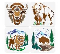 DOODLREAM 4Pcs Bison Stencils for Painting, 30 x 30 cm Reusable Cow Animal Stencil Drawing Templates, Mountain DIY Craft Paint Templates for Wall Home Decor Wood Burning Canvas Journal