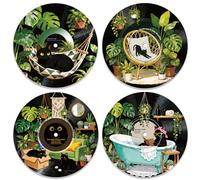 DOODLREAM 4PCS Black Cat Vinyl Record Wall Decor 30 cm Hippy Monstera Deliciosa Wall Art Posters for Room Aesthetic, Funny Cat Retro Record Decor for Music Party Studio Living Room DIY Craft Project