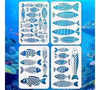 Doodlream 4Pcs Fish Stencils for Painting 29.7 x 21 cm Reusable Wavy and Net-Like Textures Fish Art Stencil, DIY Drawing Templates for Wall Home Decor Wood Burning Canvas Canvas Fabric