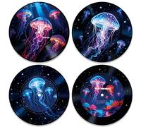 DOODLREAM 4Pcs Glowing Jellyfish Vinyl Record Wall Decor 30 cm Marine Life Wall Art Posters for Room Aesthetic, Retro Record Decor for Music Party Studio Living Room DIY Craft Project