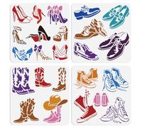 DOODLREAM 4Pcs High Heels Leather Shoes Stencils for Painting, 30 x 30 cm Reusable Cowboy Boots Stencil Drawing Templates, Canvas Shoes DIY Craft Paint Templates for Wall Home Decor Wood Burning