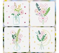 DOODLREAM 4Pcs Line Flower Stencil for Painting 20 x 20 cm Reusable Plastic Stencil Drawing Template for Wood Wall Fabric Glass Canvas Journal Scrapbook, DIY Home Decor or Craft Drawing Stencils