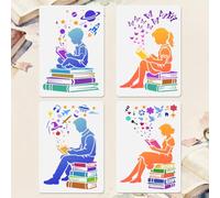 DOODLREAM 4Pcs Readers Stencils for Painting, 29.7x21cm Reusable Human Reading Thinking Crafts Templates, Person Stencils for Drawing on Furniture Wall Floor Fabric DIY Decoration