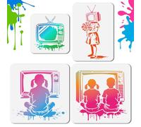 DOODLREAM 4Pcs Retro TV Stencils for Painting, Reusable Banksy Style Crafts Templates, Iconic Television Scene Stencils for Drawing on Furniture Wall Floor Fabric DIY Decoration