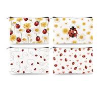 DOODLREAM 4Pcs Seven-Spotted Ladybug Canvas Makeup Bags, 23 * 15cm Cosmetic Bags with Zipper for Women, Insect Flower Toiletry Storage for Travel Organizer Coin Purse