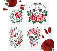 Doodlream 4Pcs Skull and Rose Stencils for Painting Reusable Gothic Florals Skull Art Stencil, DIY Drawing Templates for Wall Home Decor Wood Burning Canvas Canvas Fabric