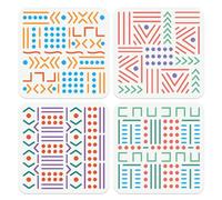 Doodlream 4Pcs Stripe Dots Stencil for Painting African Boho Borders Drawing Stencil Drawing Template, DIY Craft Paint Template for Wall Home Decor Wood Burning Card Journal Canvas 20×20cm