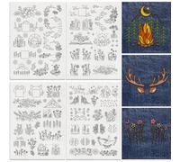 DOODLREAM 56Pcs Mountain Flower Vine Embroidery Pattern Stabilizer, 21 x 29.7cm Deer Antler Book Soluble Stick and Stitch Embroidery Sticker, 4 Sheets Tree Hat Water Hand Sewing DIY Embroidery Paper