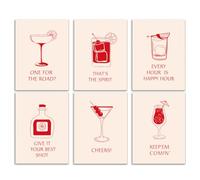 DOODLREAM 6 Pack Bar Unframed Waterproof Canvas Wall Art Decor, Pink Cocktail Tequila 30 x 40 cm Canvas Wall Poster for Home Office Bathrooms Bedrooms Living Room Decor