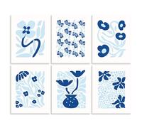 DOODLREAM 6 Pack Blue Matisse Flower Unframed Waterproof Canvas Wall Relaxing Art Decor, 8" x 10" Flat Abstract Flower Canvas Wall Poster for Home Office Bathrooms Library Bedrooms Living Room Decor