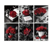 DOODLREAM 6 Pack Red Rose Flower Unframed Waterproof Canvas Wall Art Decor, 20 x 25cm Modern Black and White Floral Canvas Wall Poster for Home Office Bathrooms Bedrooms Living Room Decor