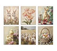 DOODLREAM 6 Pack Rustic Farmhouse Animals Unframed Waterproof Canvas Wall Art Decor, 20 x 25cm Rabbit Duck Egg Flower Sheep Canvas Wall Poster for Garden Yard Countryside Home Office Decor