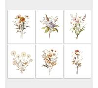 DOODLREAM 6 Pack Unframed Waterproof Retro Watercolor Flower Canvas Wall Art Prints 8" x 10" Botanical Wildflower Wall Decor Boho Floral Canvas Artwork Posters for Home Living Room Office Decor Gift