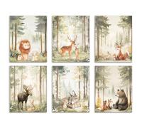 DOODLREAM 6 Pack Watercolor Forest Animals Unframed Waterproof Canvas Wall Art Decor, 20 x 25cm Fox Bear Deer Rabbit Wolf Lion Canvas Wall Poster for Living Room Nursery Kindergarten Home Office Decor