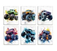 DOODLREAM 6 Pack Watercolor Monster Truck Unframed Waterproof Canvas Wall Art Decor, 20 x 25cm Car Vehicle Canvas Wall Poster for Toddler Nursery Garage Man Cave Playroom Home Office Decor