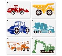 DOODLREAM 6 Pcs Construction Vehicle Stencils Template 30x30 cm Reusable Excavator Truck Crane Plastic Stencil for Painting on Wood Wall Fabric Journal Scrapbook, DIY Craft Drawing Stencils
