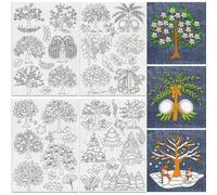 DOODLREAM 68Pcs Seasons Trees Water Soluble Hand Sewing Stabilizers, 21 x 29.7cm Blossom Fruits Embroidery Pattern Stabilizer, 4 Sheets Winter Pine Trees Stick and Stitch Embroidery Paper Sticker