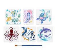 DOODLREAM 6Pcs Ocean Animal Stencils for Painting, Sea Turtle Jellyfish Octopus Stencil Drawing Templates with Brushes, Shark Dolphin Fish DIY Craft Paint Templates for Wall Home Decor Wood Burning