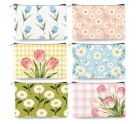 DOODLREAM 6Pcs Spring Floral Printed Canvas Makeup Bags, 23x15cm Tulip Daisy Flower Cosmetic Bags with Zipper for Women, Color Toiletry Storage for Travel Organizer Coin Purse