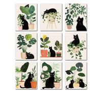 DOODLREAM 9 Pack Black Cat Potted Plant Unframed Waterproof Canvas Wall Art Decor, Boho Cat Leaf 20 x 25cm Minimalis Botanical Canvas Wall Poster for Home Office Bathrooms Bedrooms Living Room Decor