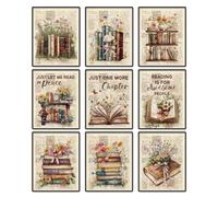 DOODLREAM 9 Pack Unframed Waterproof Canvas Wall Art Decor, Vintage Newpaper Background Flower Books 8" x 10" Canvas Wall Poster for Home Office Classroom Library Nursery Room Decor Book Lover Gift