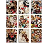 DOODLREAM 9 Pack Unframed Waterproof Trendy Leopard Canvas Wall Art Decor, 8 Ball Disco Fashion 20 x 25 cm Canvas Wall Poster Picture for Home Living Room Bar Billiard Room Decor