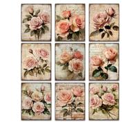 DOODLREAM 9 Pack Vintage Rose Flower Unframed Waterproof Canvas Wall Art Decor, Pink Rose 20 x 25cm Canvas Wall Poster for Home Office Bathrooms Library Bedrooms Living Room Decor