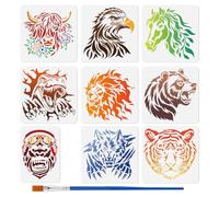 DOODLREAM 9Pcs Animal Stencils for Painting, Highland Cow Eagle Horse Stencil Drawing Templates with Brushes, Dinosaur Lion Bear Gorilla Wolf DIY Craft Paint Templates for Wall Home Decor Wood Burning