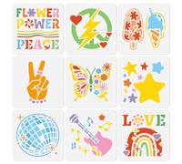 Doodlream 9Pcs Peace and Love Stencils for Painting 13 x 13 cm Reusable Butterfly Flower Star Stencil Drawing Templates, Guitar Rainbow DIY Craft Paint Templates for Wood Wall Fabric Glass Canvas