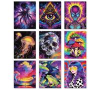 DOODLREAM 9Pcs Unframed Psychedelic Canvas Wall Art, 20x25cm Waterproof Cosmic Fantasy Wall Poster, Purple Decor for Home Office Living Room Bathroom Bedroom
