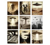 DOODLREAM 9Pcs Unframed Vintage Alien UFO Canvas Wall Art, 20x25cm Waterproof Sci-Fi Wall Poster, Decor for Home Office Living Room Bathroom Bedroom