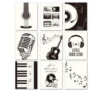DOODLREAM 9PCS Unframed Waterproof Retro Music Canvas Wall Art Decor, Microphone Notes Record Guitar 25 x 20 cm Canvas Wall Poster for Home Office Man Cave Musical Room Studio Bedroom Decor