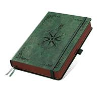 DOODLREAM A5 Vintage Leather Journal, 300 Pages Lined Notebook, Green Compass and Vines Hardcover Notebook for Travel Diary, Business, Work and School Daily Writing