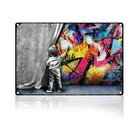 DOODLREAM Banksy Street Graffiti Retro Wall Decor Metal Tin Sign 20x30cm Behind The Curtain Posters Vintage Wall Art Poster for Home Coffee Cafes Bathroom Man Cave Office Clubs Decor Gift