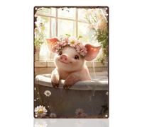 DOODLREAM Bathroom Cute Piggy Retro Wall Decor Metal Tin Sign 20x30cm Pink Pig Bathing Vintage Animal Wall Art Poster for Bathroom Toilet Home Clubs Decor Gift