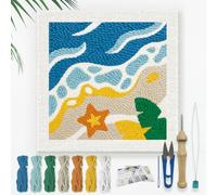DOODLREAM Beach DIY Punch Needle Embroidery Kit for Adult Beginner, 24cm Summer Sea Wave Punch Stitching Craft Set for Starter with Frame, Fabric Pattern, Threader, Yarn, Punch Needle
