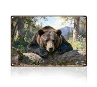 DOODLREAM Bear in Nature Forest Metal Tin Sign Wall Decor Brown Bear 20 x 30 cm Vintage Wall Poster for Farmhouse Home Living Room Garden RV Decor, Animal Lovers Gift