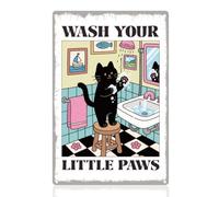 DOODLREAM Black Cat Bathroom Metal Tin Sign Wall Decor Cartoon Kitten Wash Your Little Paws 20 x 30 cm Cute Wall Poster for Home Bathroom laundry Room Toilet Restroom Decor Gift