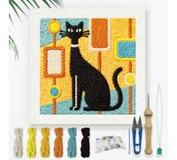 DOODLREAM Black Cat DIY Punch Needle Embroidery Kit for Adult Beginner, 24cm Cat and Geometric Patterns Punch Stitching Craft Set for Starter with Frame, Fabric Pattern, Threader, Yarn, Punch Needle