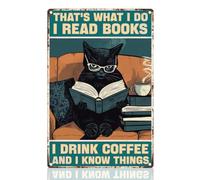 DOODLREAM Black Cat Reading Tin Sign Retro Metal Wall Decor 20 x 30cm Funny Vintage I Read Books I Drink Vintage Wall Art Poster for Home Library Cafe Reading Room Classroom Decor Gift