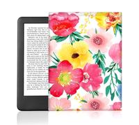 DOODLREAM Blooming Flowers Pattern Kindle Sleeve for 6" Kindle, Watercolor Style Floral E-Reader Case with Snap Closure, Waterproof Fabric Double-Sided Printed E-Book Cover for Screen Protection