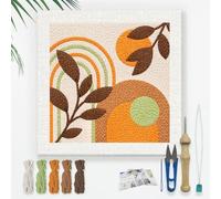 DOODLREAM Boho Rainbow Leaf Needle Kit for Beginner, 24x24cm Geometric Plant Punch Stitching Craft Set, Color DIY Embroidery Starter with Printed Frame, Instruction, Threader, Yarn, Pinch Needle