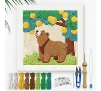 DOODLREAM Brown Bear DIY Punch Needle Embroidery Kit for Adult Beginner, 24cm Cute Bear Under the Tree Punch Stitching Craft Set for Starter with Frame, Fabric Pattern, Threader, Yarn, Punch Needle