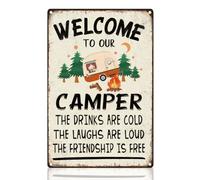 DOODLREAM Camper Welcome Sign Decor Retro RV Wall Decor Metal Tin Sign, 8" x 12" Funny Campsite Rules Vintage Wall Art Poster for Inside Outside and RV Decor Gift