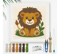DOODLREAM Cartoon Lion DIY Punch Needle Embroidery Kit for Adult Beginner, 24cm Cute Lion on The Grass Punch Stitching Craft Set for Starter with Frame, Fabric Pattern, Threader, Yarn, Punch Needle