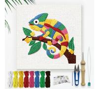 DOODLREAM Chameleon DIY Punch Needle Embroidery Kit for Adult Beginner, 24cm Avocado Chameleon Animal Punch Stitching Craft Set for Starter with Frame,Fabric Pattern,Threader, Yarn, Pinch Needle